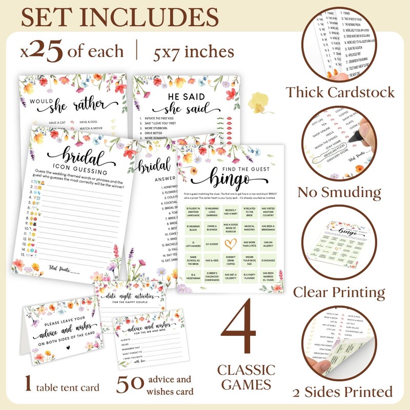 STOFINITY Wildflower Bridal Shower Games for Guests - Wedding Advice and Wishes for The Mr and Mrs, Find The Guest Bingo Bridal Shower Decorations, Funny He Said She Said Would You Rather Game Ideas - Image 2