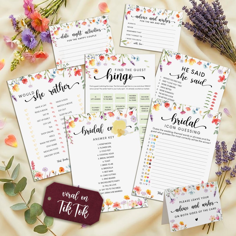 STOFINITY Wildflower Bridal Shower Games for Guests - Wedding Advice and Wishes for The Mr and Mrs, Find The Guest Bingo Bridal Shower Decorations, Funny He Said She Said Would You Rather Game Ideas - Image 1