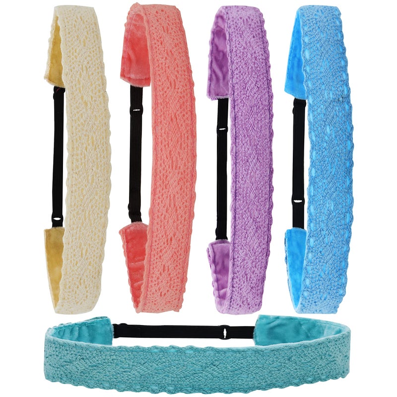 FROG SAC 5 Lace Headbands for Girls, Adjustable No Slip Stretch Elastic Girl Headband, Dressy Pastel Lacy Headwraps, Cute Plain Solid Color Hair Accessories for Kids Easter Basket Stuffers - Image 1