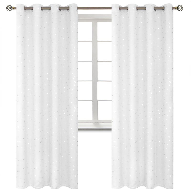 BGment الستائر Bragge Kids Blackout لغرفة النوم - Grommet حراري معزول الفضة النجمة غرفة الستائر المظلمة لمجموعة غرفة المعيشة من لوحين (52 × 84 بوصة بيضاء) - Image 1