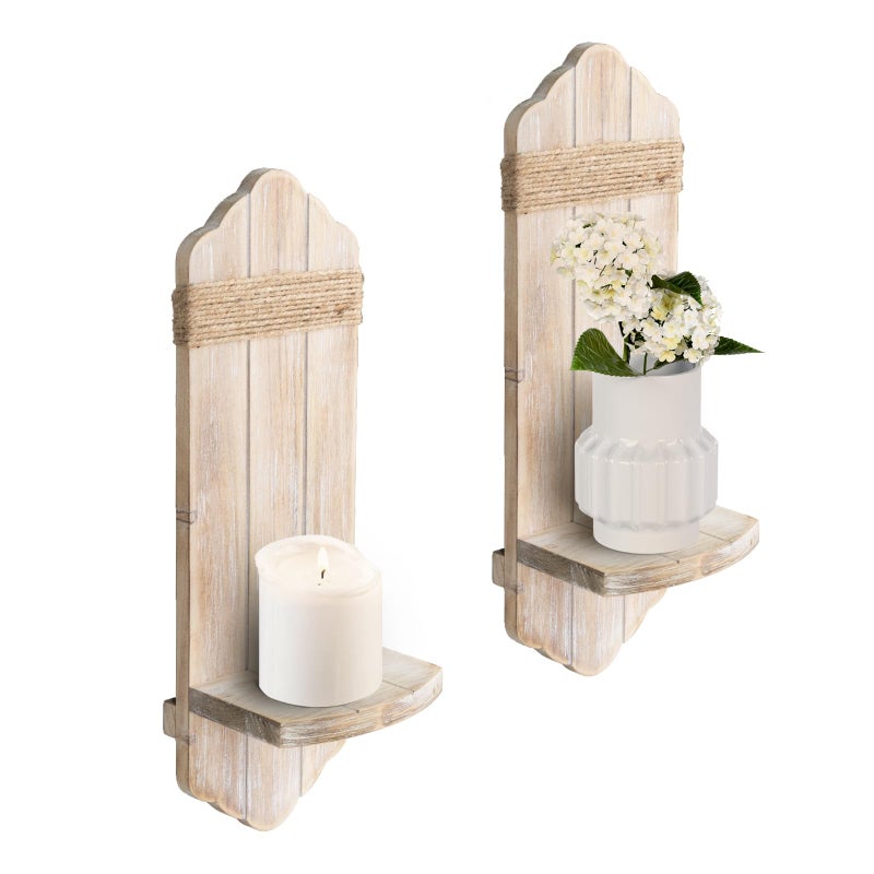 CEDARLUX Wall Candle Sconces Set of Two, Rustic Washable White Wood Wall Candle Holder Decor, Farmhouse Wooden Candle Holder Wall Decorations for Fireplace, Hallway, Living Room, Bedroom - Image 1