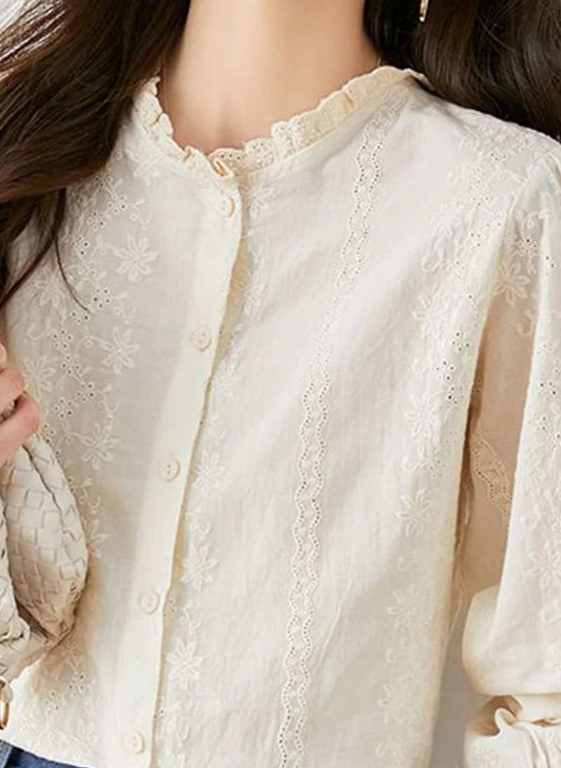 YUNIQEE Off White Mandarin Collar Long Sleeves Solid Top
