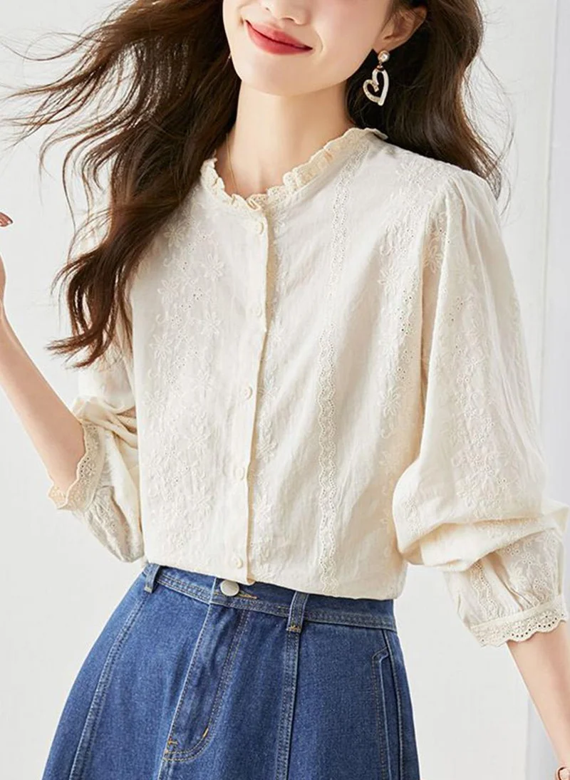 YUNIQEE Off White Mandarin Collar Long Sleeves Solid Top