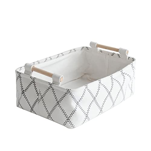 LUFOFOX Decorative Collapsible Rectangular Fabric Storage Bin Organizer Basket with Wooden Handles for Clothes Storage,15.4x10.6x5.1 inch,White - Image 1