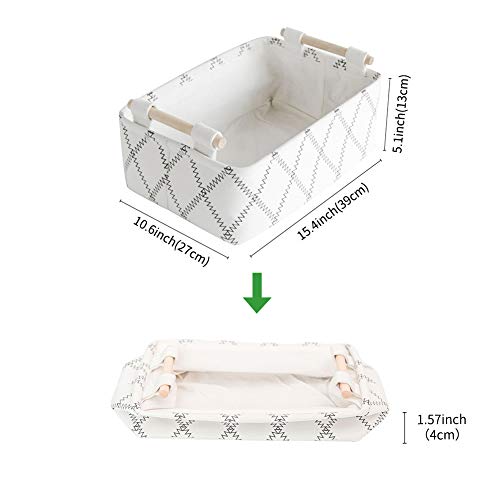 LUFOFOX Decorative Collapsible Rectangular Fabric Storage Bin Organizer Basket with Wooden Handles for Clothes Storage,15.4x10.6x5.1 inch,White - Image 2