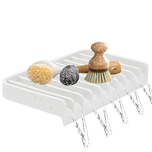 Effilogic Silicone Sponge Holder  SelfDraining Kitchen Sink Organizer Quick Dry Mat and Counter Protector  Dishwashing Accessories for Sponges Brushes and Soap  Large White