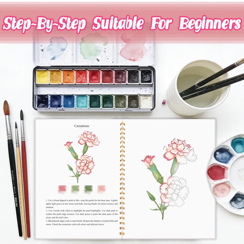 Cbcmpica 3Pcs Watercolor Workbook - Coloring Book for Beginner, Coloring Books for Adults with Step by Step,3 Essential Adult Coloring Book Themes, Exploration Gift for Adults Teens - Image 2