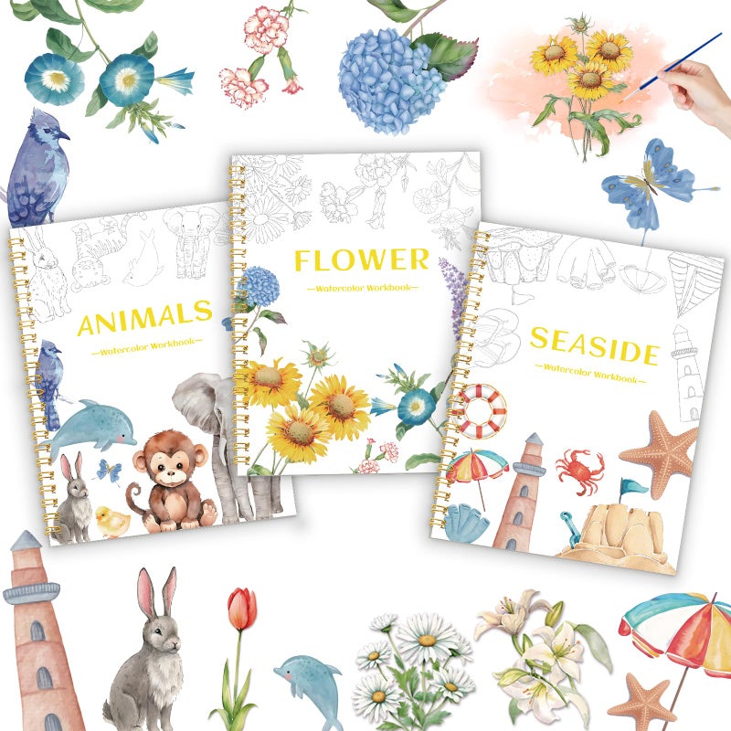 Cbcmpica 3Pcs Watercolor Workbook - Coloring Book for Beginner, Coloring Books for Adults with Step by Step,3 Essential Adult Coloring Book Themes, Exploration Gift for Adults Teens - Image 1