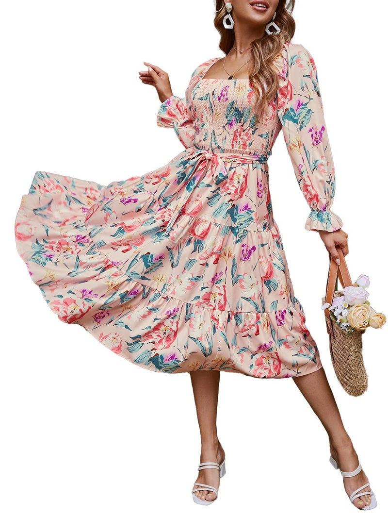 Amegoya Women's Square Neck Long Sleeve Pink Floral Midi Dress Ruffle Tiered Boho Flowy Smocked Maternity Dress(Flower Purple XL) - Image 1