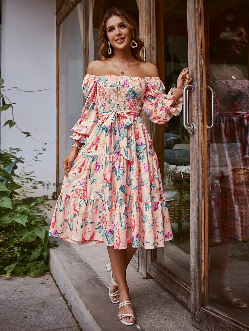 Amegoya Women's Square Neck Long Sleeve Pink Floral Midi Dress Ruffle Tiered Boho Flowy Smocked Maternity Dress(Flower Purple XL) - Image 2
