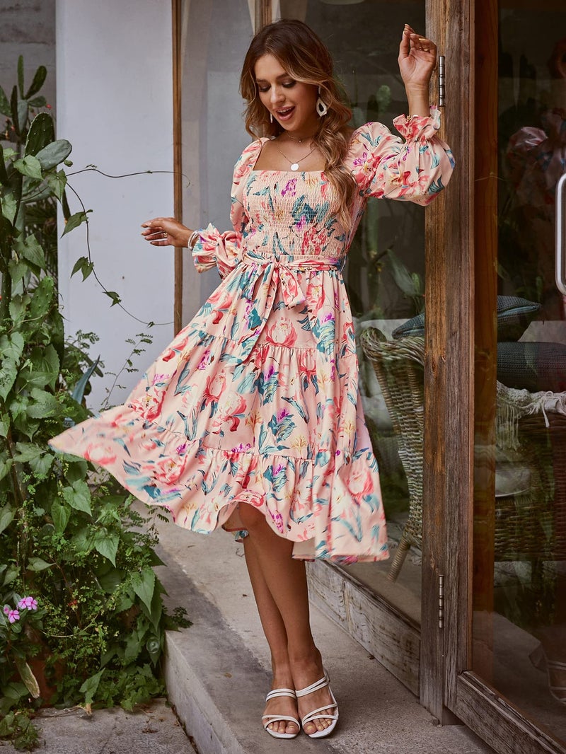 Amegoya Women's Square Neck Long Sleeve Pink Floral Midi Dress Ruffle Tiered Boho Flowy Smocked Maternity Dress(Flower Purple XL) - Image 3