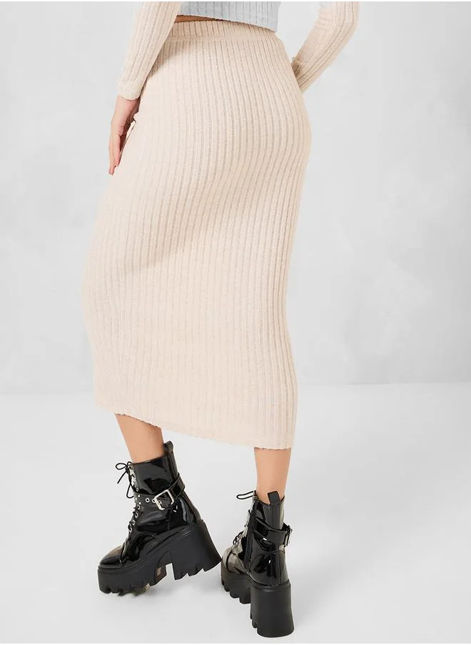 ستايلي Elastic Waistband Ribbed Midi Skirt