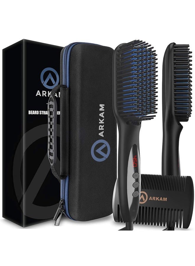 Arkam Beard Straightener for Men -Premium Heated Beard Brush Kit w/Anti-Scald Feature, Dual Action Hair Comb and Hard Shell Travel Case for Medium to Long Beards - Costume and Grooming Gifts for Men - Image 1