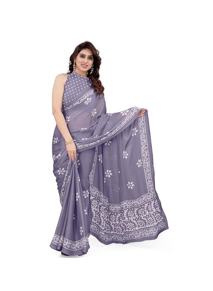 Accessorize Kingdom Women's Latest Chiffon Batik Printed Saree with Blouse Piece  - Image 1