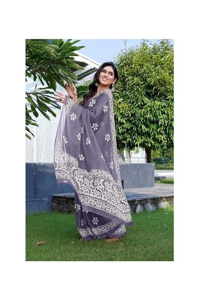 Accessorize Kingdom Women's Latest Chiffon Batik Printed Saree with Blouse Piece  - Image 4