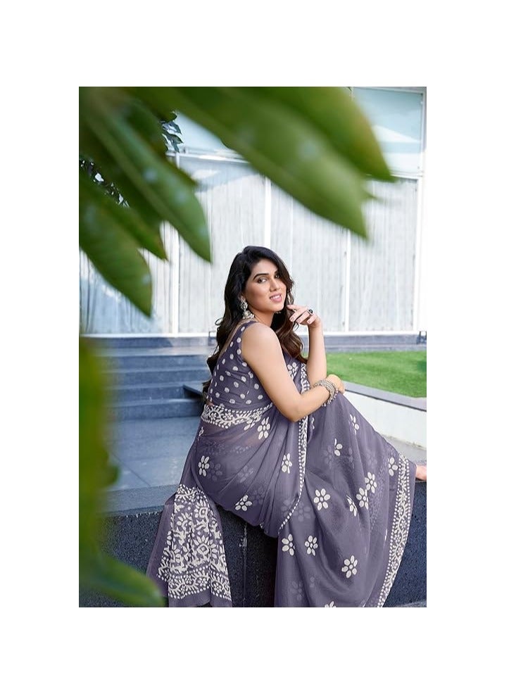 Accessorize Kingdom Women's Latest Chiffon Batik Printed Saree with Blouse Piece  - Image 5