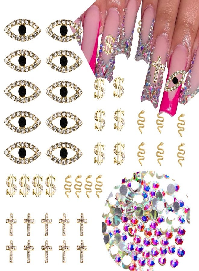 Mocomfor Gold Nail Charms Spooky Chunky Charms Kit with Evil Eye Cross Snake Dollar Sign Press on Nails Rhinestone for Nail Art Supplies Craft - Image 1