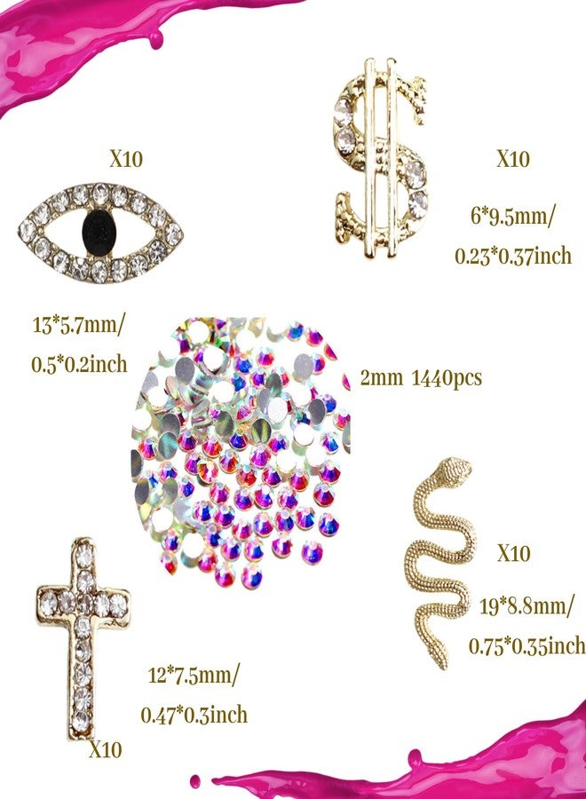 Mocomfor Gold Nail Charms Spooky Chunky Charms Kit with Evil Eye Cross Snake Dollar Sign Press on Nails Rhinestone for Nail Art Supplies Craft - Image 2