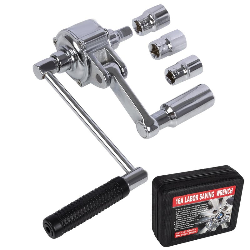 RANSOTO Labor Saving Torque Multiplier Wrench Set, 1:16 Ratio Lug Nut Remover with 1/2" Drive, Heavy Duty Lug Wrench for Loosening Stubborn Wheel Nuts, Includes 17/19/21mm & SAE Sockets for Cars, SUV, RV - Image 1