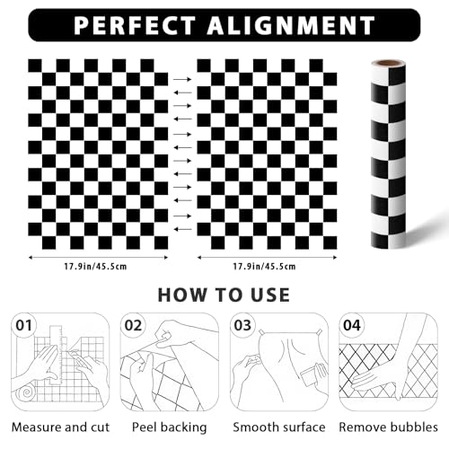 Kitico Black and White Checkered Peel and Stick Wallpaper– Waterproof Removable Vinyl Contact Paper Peel and Stick – Renter Friendly Bathroom Wallpaper 17.7" x 78" - Image 3