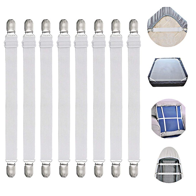 ADJUSTABLE BED SHEET STRAPS SUSPENDERS ELASTIC SHEET FASTENERS GRIPPERS GARTERS CLIPS FOR FLAT FITTED SHEET CORNER HOLDERIRONING BOARD COVER MATTRESS CRIBS SOFA CUSHION MORESHORT TYPE8 PACK