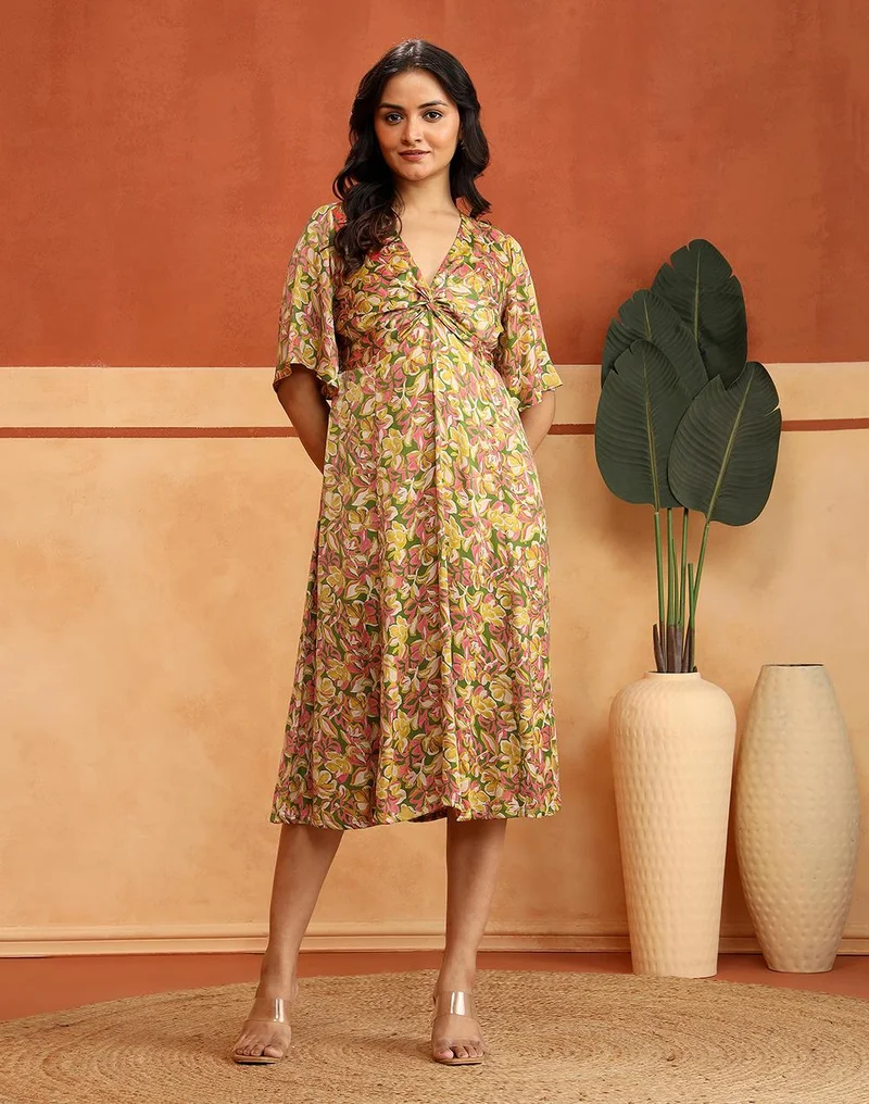 فاب انديا Green Rayon Blend Open Knot Midi Dress