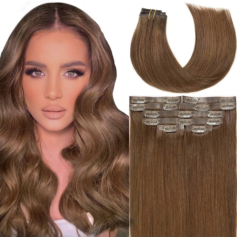 Lacer Hair Seamless Clip in Human Hair Extensions 9A Grade Virgin Hair Clip Ins with Invisible Tape Weft 4 Chocolate Brown Color 7pcs 110g Remy Human Hair Clip in Extensions for Women 14 Inch