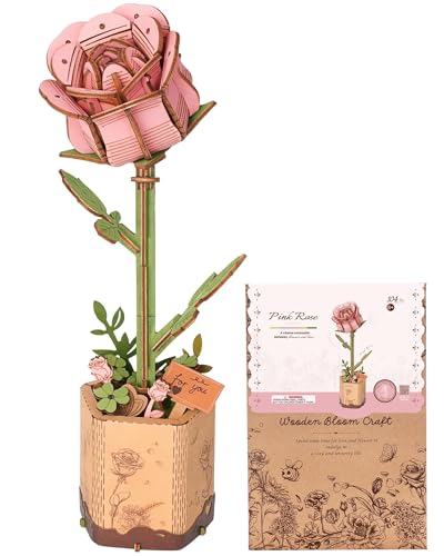 Wowood 3D Flower Wooden Puzzles for AdultsPink Rose DIY Wooden Flowers Model Kit Building Set Crafts for Adults to Build Botanical CollectionIdeal Creative Gift IdeasHousewarming 104PCS - Image 1