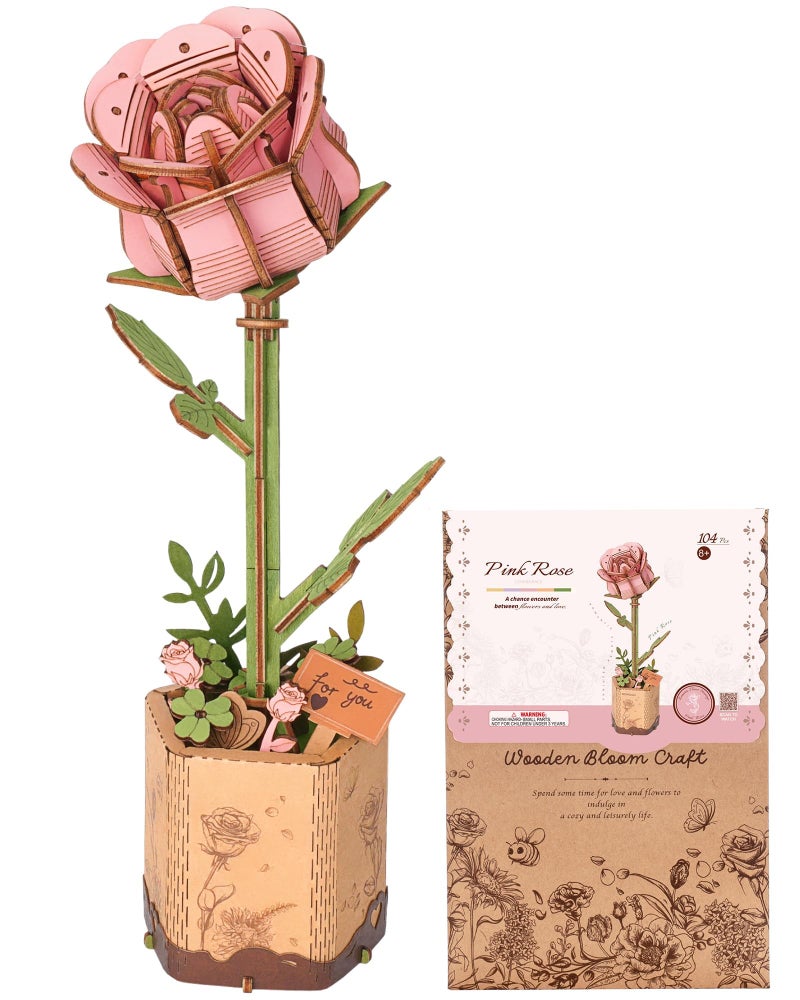 Wowood 3D Flower Wooden Puzzles for AdultsPink Rose DIY Wooden Flowers Model Kit Building Set Crafts for Adults to Build Botanical CollectionIdeal Creative Gift IdeasHousewarming 104PCS - Image 2
