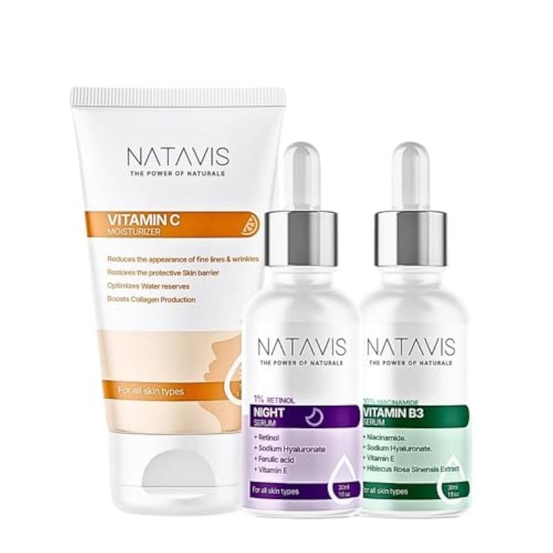 Natavis Retinol serum 30 ml + 10% Niacinamide Vitamin B3 Serum 30 ml + Vitamin C Moisturizer 50 ml - Reduction Fine Lines & Wrinkles - Hydration - Acne Treatment Skincare Routine - Image 1