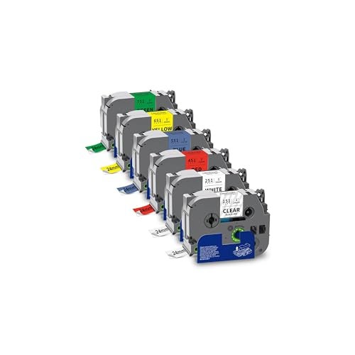 Labelwell 6-Pack TZe 24mm 0.94" Laminated Compatible for P Touch 1 Inch TZ Label Tape TZe-151 251 451 551 651 751 for Ptouch PT-D600 P700D 410 D610BT P710BT, Clear/White/Red/Blue/Yellow/Green - Image 1