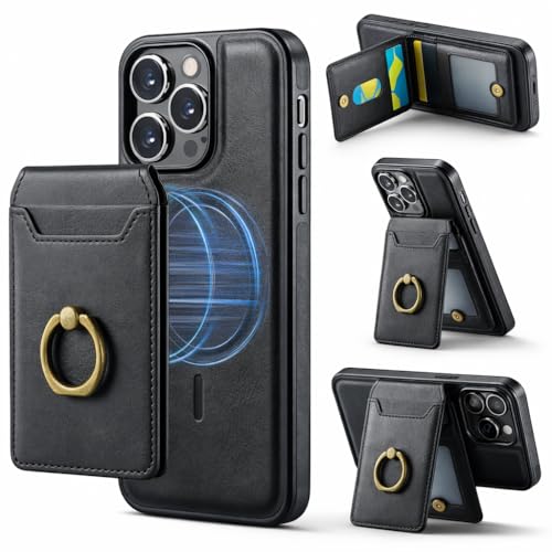 Mizi 3-in-1 Mag Safe Wallet with Stand & Ring Grip, Strong Magnetic Vegan Leather Card Holder, RFID Blocking, Holds 5 Cards, for iPhone 17/16/15/14/13/12 Series (Not for 13/12 Mini) - Black - Image 1