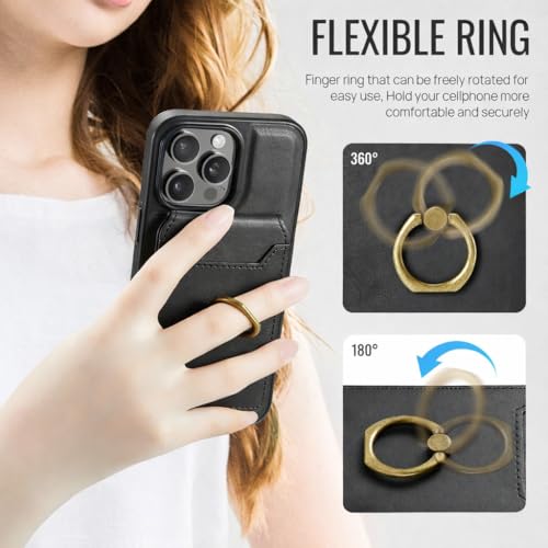 Mizi 3-in-1 Mag Safe Wallet with Stand & Ring Grip, Strong Magnetic Vegan Leather Card Holder, RFID Blocking, Holds 5 Cards, for iPhone 17/16/15/14/13/12 Series (Not for 13/12 Mini) - Black - Image 4