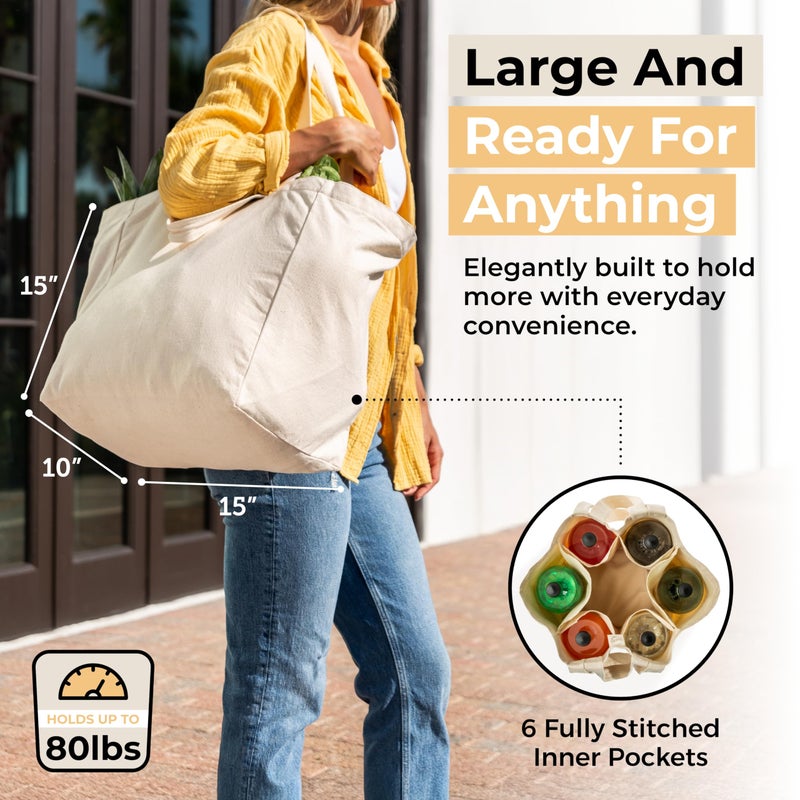 VeraMia 3pc Canvas Grocery Bags with Pockets, Shoulder Straps - Foldable, Washable Heavy Duty Tote - Image 4