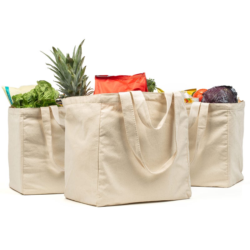 VeraMia 3pc Canvas Grocery Bags with Pockets, Shoulder Straps - Foldable, Washable Heavy Duty Tote - Image 1