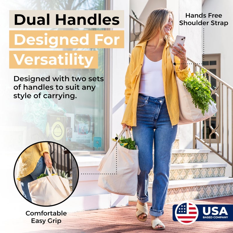 VeraMia 3pc Canvas Grocery Bags with Pockets, Shoulder Straps - Foldable, Washable Heavy Duty Tote - Image 2