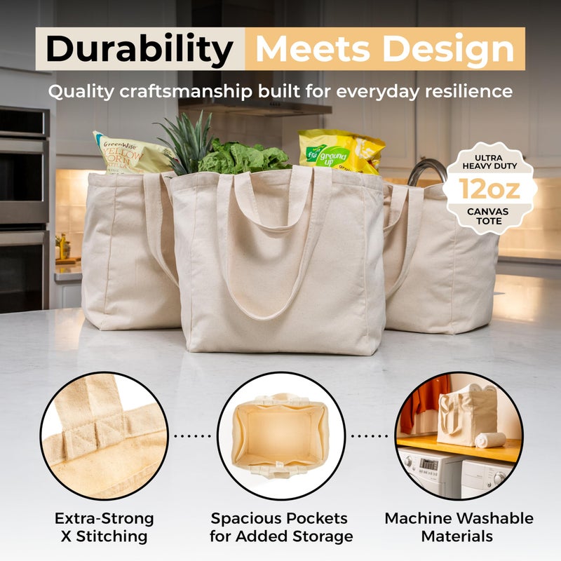 VeraMia 3pc Canvas Grocery Bags with Pockets, Shoulder Straps - Foldable, Washable Heavy Duty Tote - Image 3