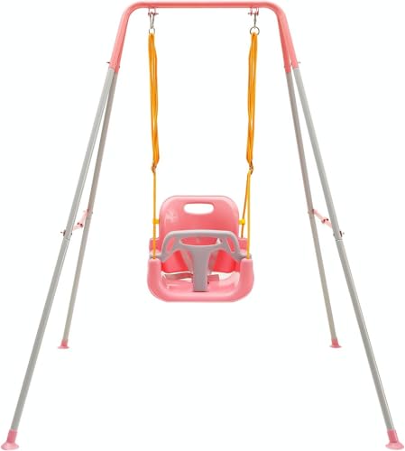 FUNLIO Toddler Swing with Foldable Metal Stand for Toddlers Aged 110 Years 3in1 Baby Swing Set with 4 Sandbags for BackyardIndoorOutdoor Play Easy to Assemble Store Pink - Image 1