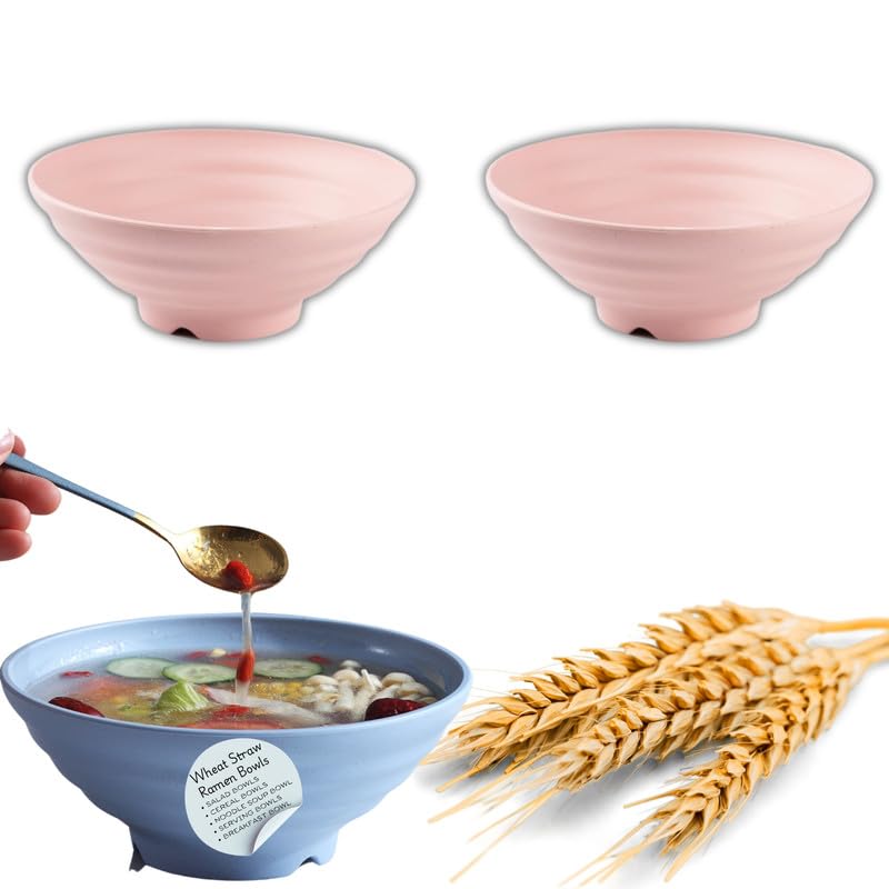 RoarCraft Wheat Straw Bowls Unbreakable Cereal Bowls Dishwasher and Microwave Safe Reusable Bowls for Kitchen Serving SoupSaladOatmealRamenNoodles Pink 21 x 85 CM Pack of 2 - Image 1