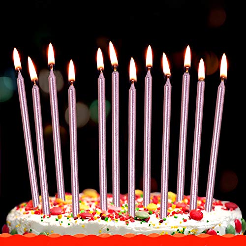 XNOVA 12 Count Long Thin Champagne Pink Birthday Cake Candles in Holders for Birthday Wedding Party Cupcake Decorations Tall Candles - Image 1