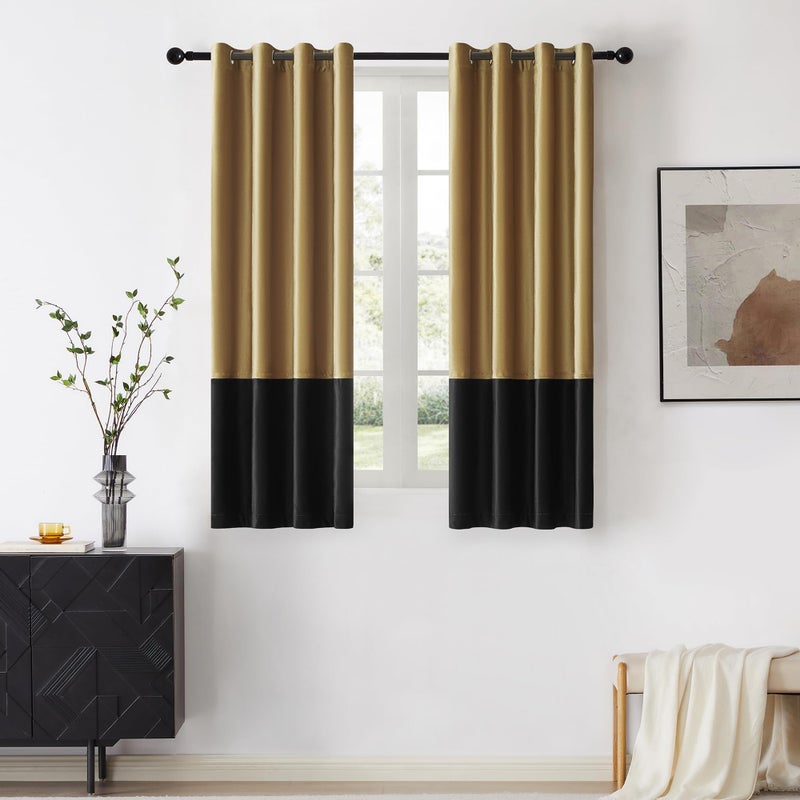 BULBUL Color Block Window Curtains Panels 63 inches Long Gold Black Velvet Farmhouse Drapes for Bedroom Living Room Darkening Treatment with Grommet Set of 2 - Image 1
