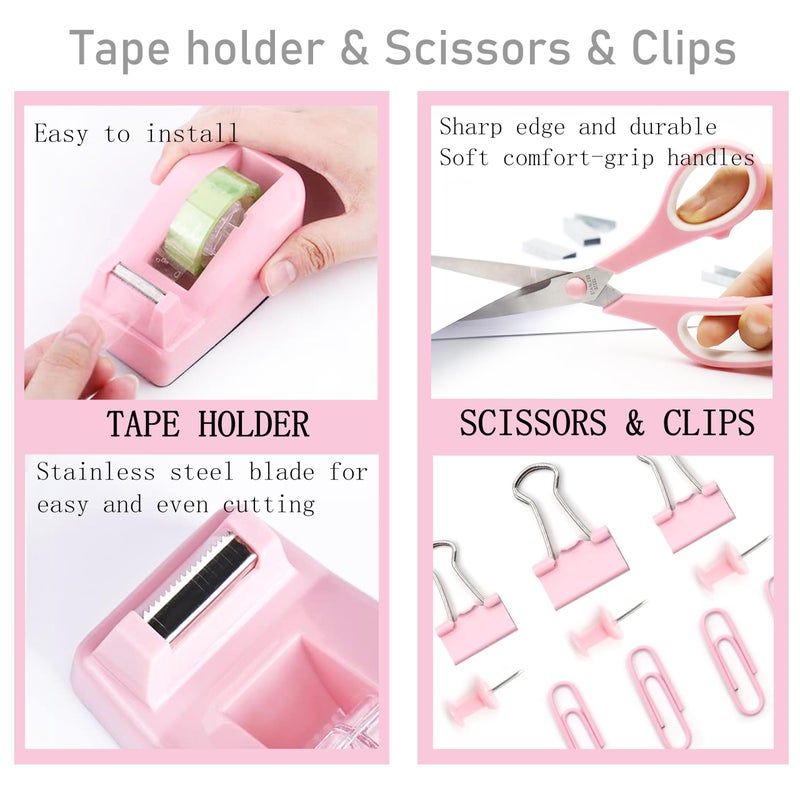 Dimonluce Pink Desk Accessories, Pink Office Supplies Accessories with Tape Dispenser, Stapler, Staple Remover, 1000 Staples, Tape, Clips Set, Ruler, Scissor, Pen - Image 3