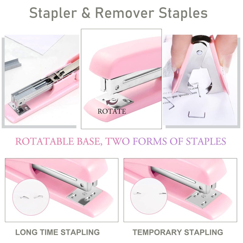 Dimonluce Pink Desk Accessories, Pink Office Supplies Accessories with Tape Dispenser, Stapler, Staple Remover, 1000 Staples, Tape, Clips Set, Ruler, Scissor, Pen - Image 2