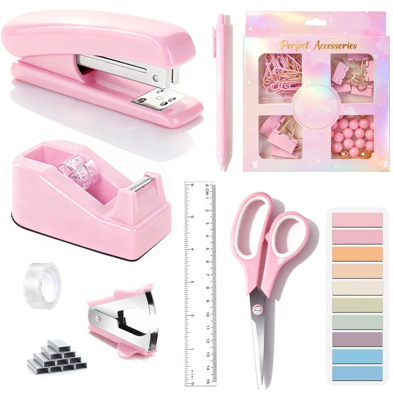 Dimonluce Pink Desk Accessories, Pink Office Supplies Accessories with Tape Dispenser, Stapler, Staple Remover, 1000 Staples, Tape, Clips Set, Ruler, Scissor, Pen - Image 1