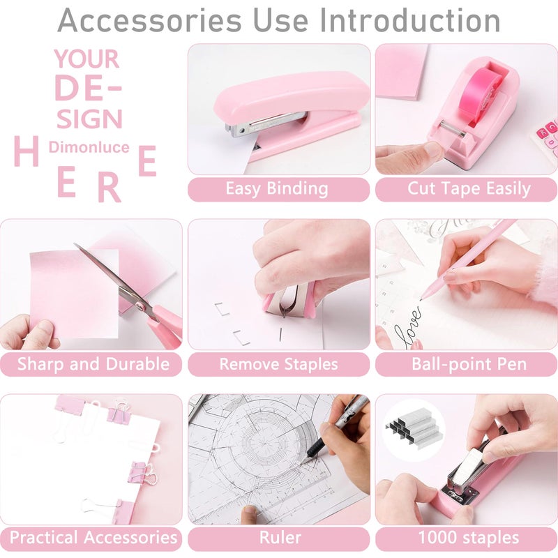Dimonluce Pink Desk Accessories, Pink Office Supplies Accessories with Tape Dispenser, Stapler, Staple Remover, 1000 Staples, Tape, Clips Set, Ruler, Scissor, Pen - Image 4