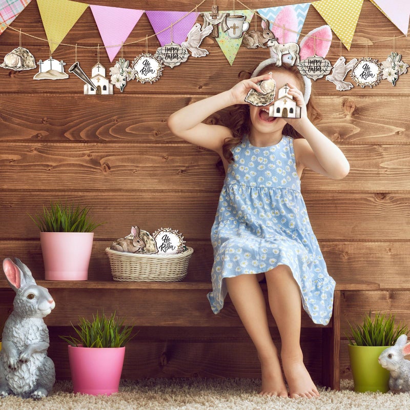 Anglechic 36 Pcs Vintage Easter Tree Decorations Religious Easter Ornaments for Tree He is Risen Cross Wooden Hanging Ornaments Eggs Bunny Wreath for Small Craft Home Party Decor - Image 4