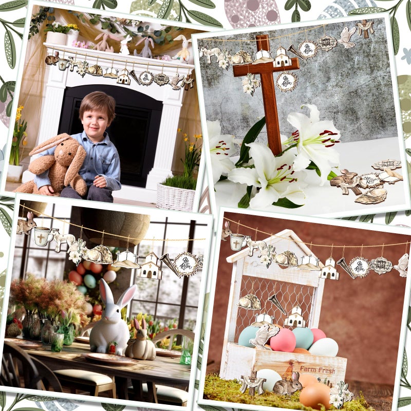 Anglechic 36 Pcs Vintage Easter Tree Decorations Religious Easter Ornaments for Tree He is Risen Cross Wooden Hanging Ornaments Eggs Bunny Wreath for Small Craft Home Party Decor - Image 5