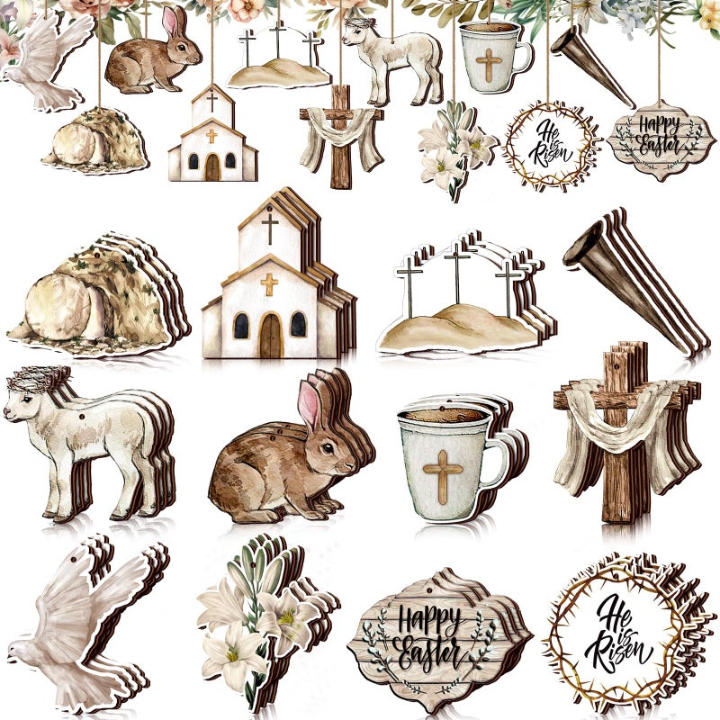 Anglechic 36 Pcs Vintage Easter Tree Decorations Religious Easter Ornaments for Tree He is Risen Cross Wooden Hanging Ornaments Eggs Bunny Wreath for Small Craft Home Party Decor - Image 1