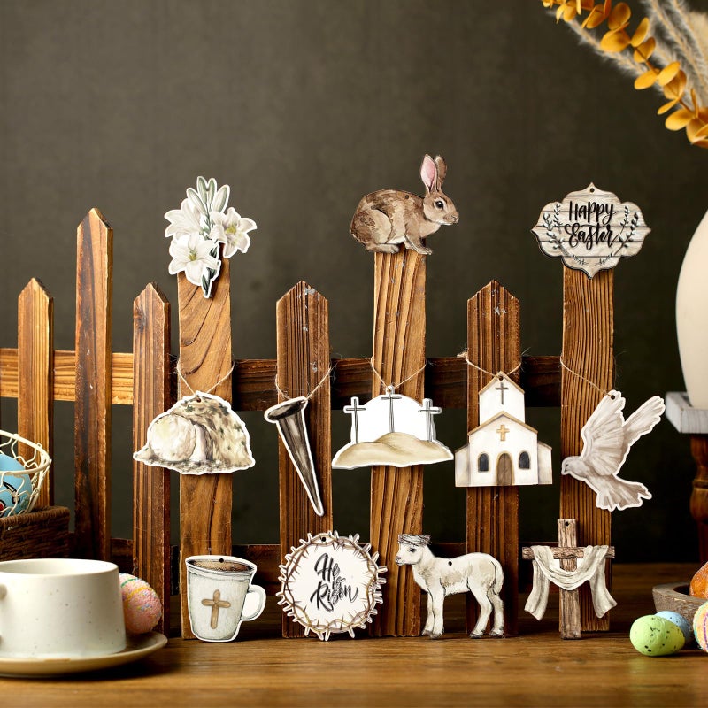 Anglechic 36 Pcs Vintage Easter Tree Decorations Religious Easter Ornaments for Tree He is Risen Cross Wooden Hanging Ornaments Eggs Bunny Wreath for Small Craft Home Party Decor - Image 2