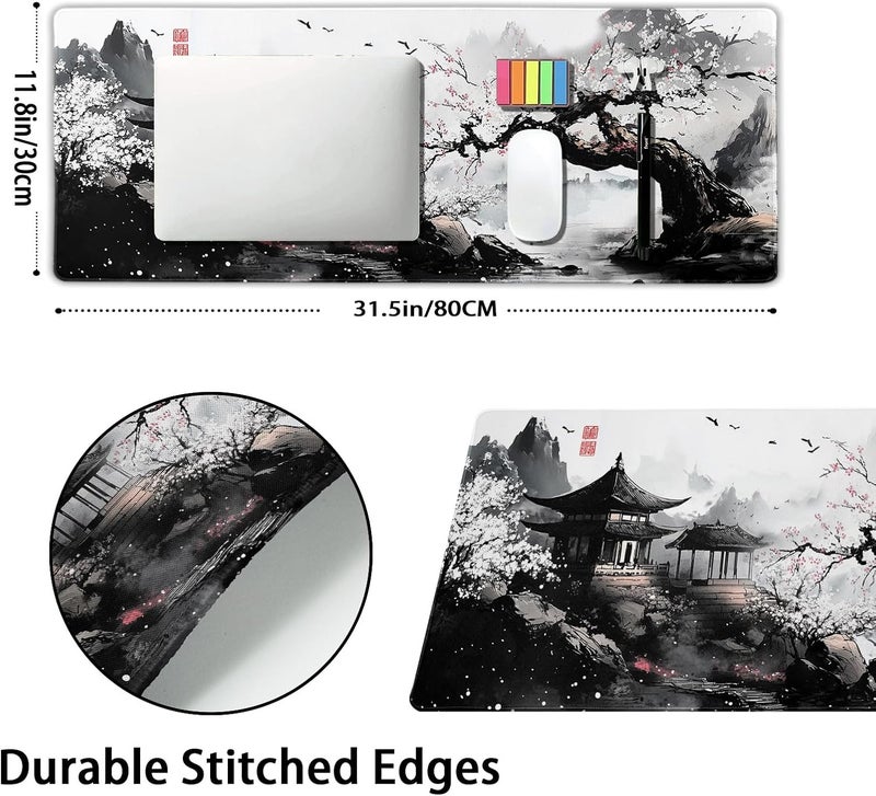 aportt Black Whtie Japanese Gaming Mouse Pad XL Anime Sakura Cherry Blossom Tree Extended Large Mat Mousepad Desk Pad Non-Slip Rubber Base Stitched Edge Long Keyboard Pad for Computer,31.5×11.8 Inch - Image 2